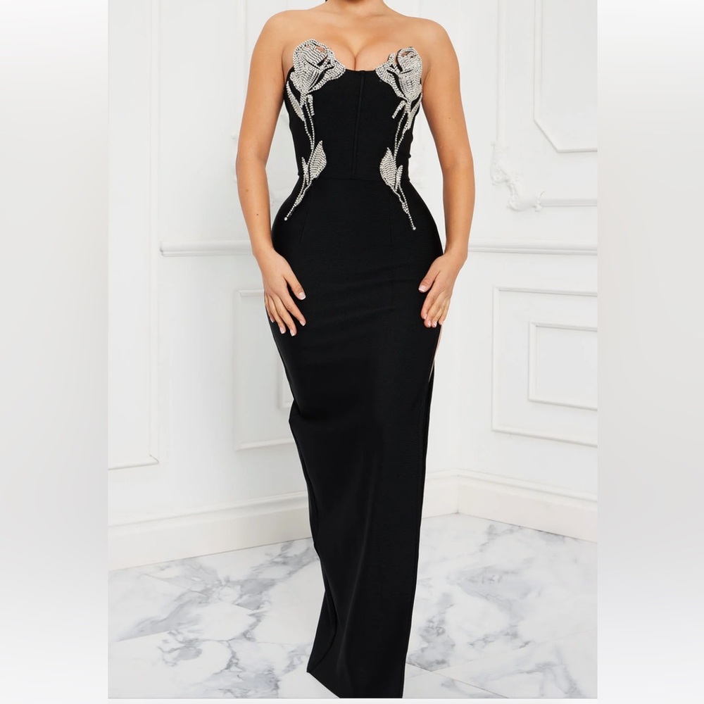Fashion Nova Black and Silver Formal Strapless Dress